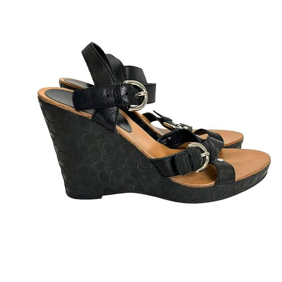 Coach Womens Elize Black Leather Signature Wedge Open Toe Strap Sandals Size 7M - Picture 3 of 13